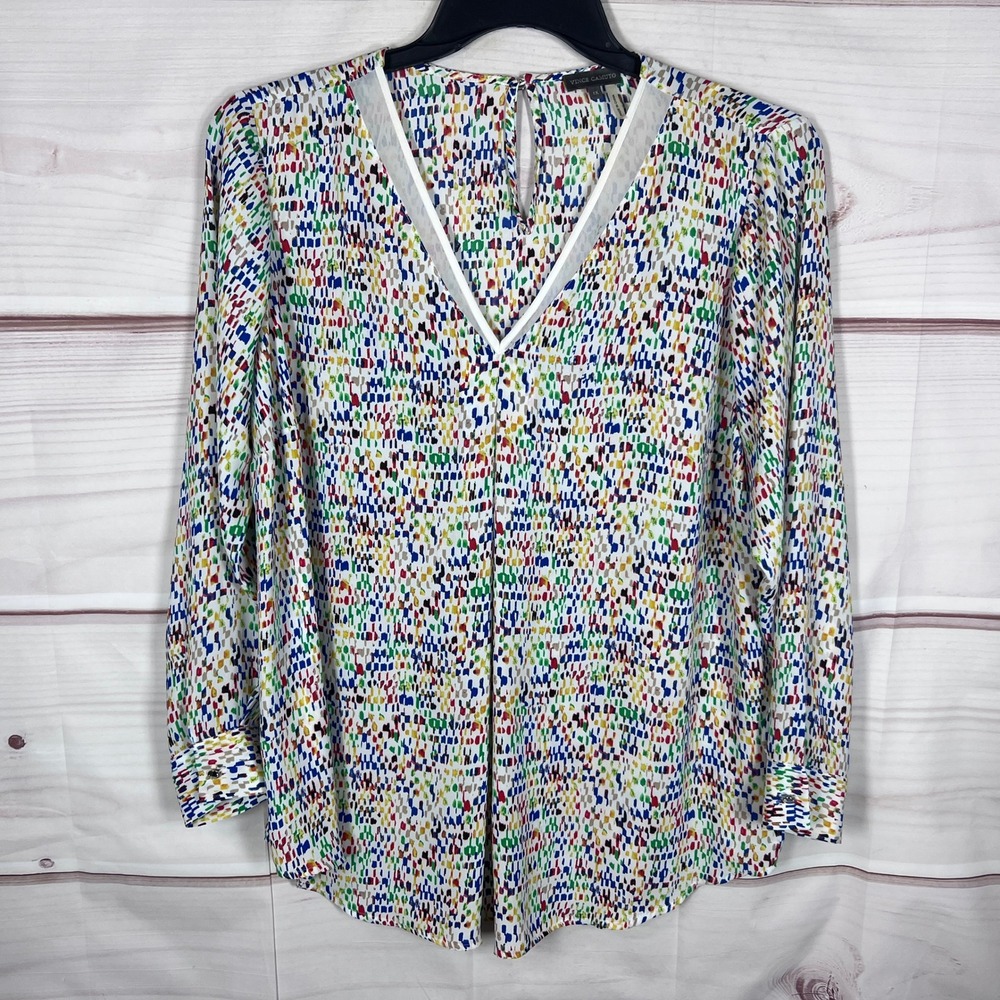 Vince Camuto Blouse Women 1X Multicolor Abstract V-Neck Long Sleeve Chiffon Top